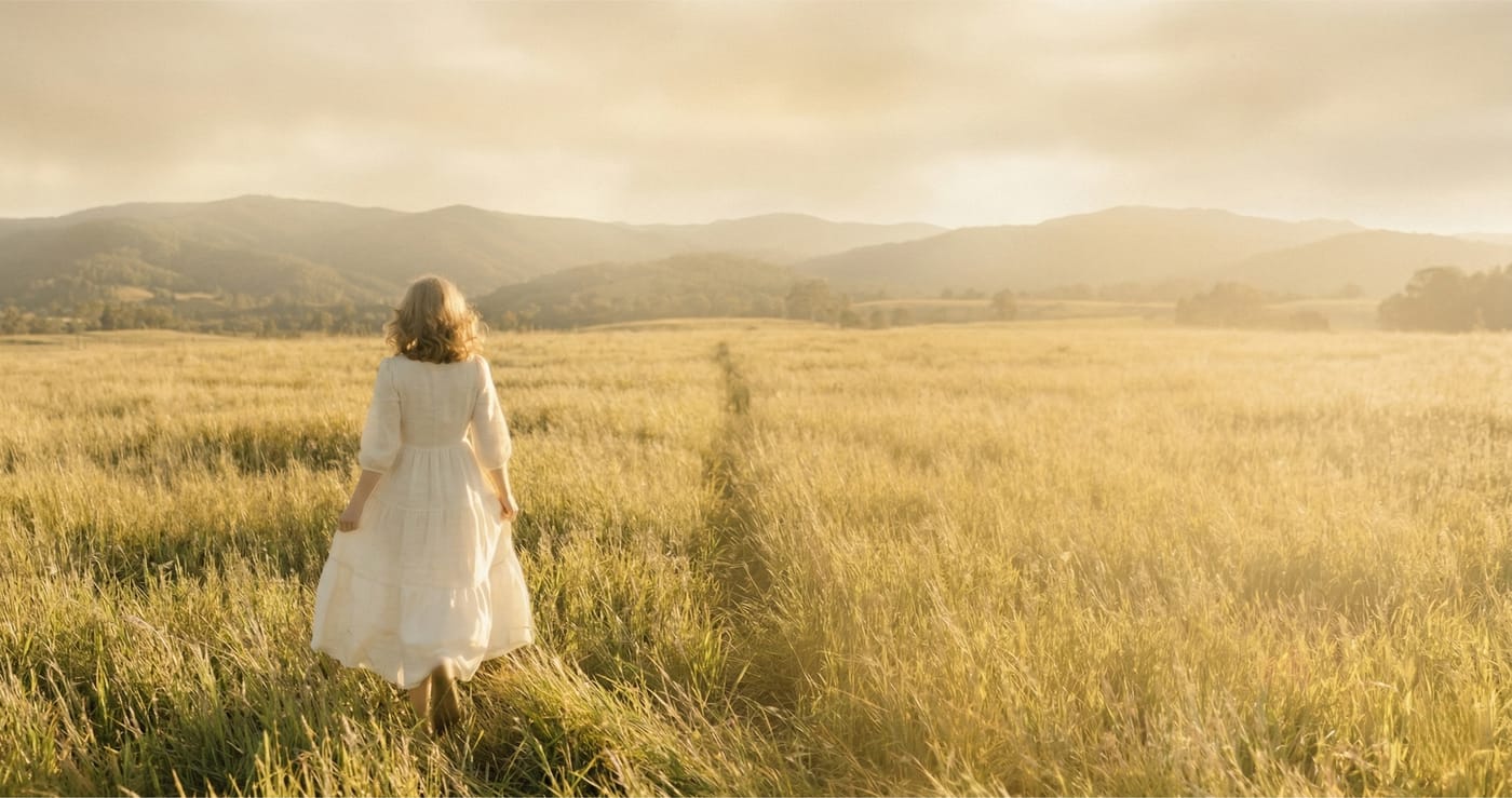 A woman in a white dress walking through a sunlit Montana field toward the mountains